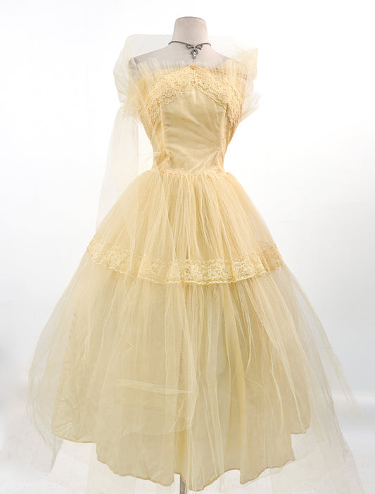 1950s Sunshine Yellow Prom Dress / Waist 26