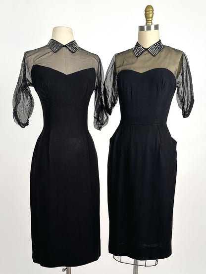 1940 – 50s Ultra Vampy LBD with Sheer Neckline / Waist 28