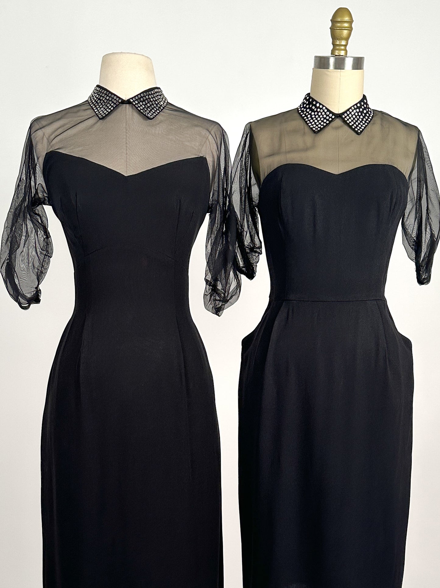 1940 – 50s Ultra Vampy LBD with Sheer Neckline / Waist 28