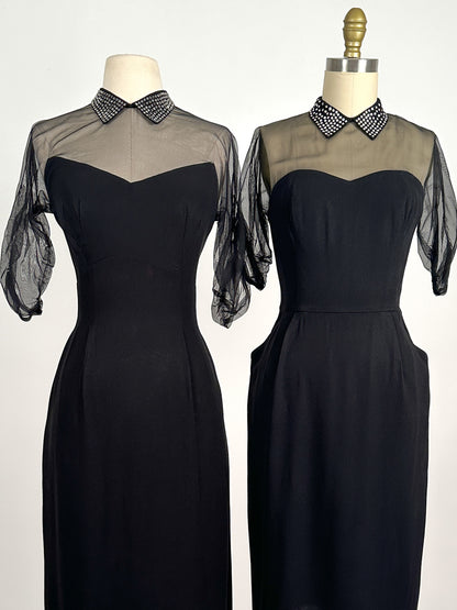 1940 – 50s Ultra Vampy LBD with Sheer Neckline / Waist 28