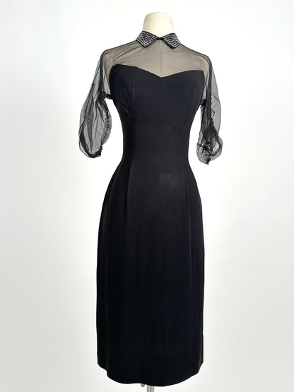 1940 – 50s Ultra Vampy LBD with Sheer Neckline / Waist 28