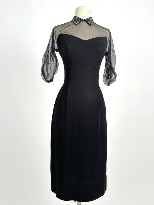 1940 – 50s Ultra Vampy LBD with Sheer Neckline / Waist 28