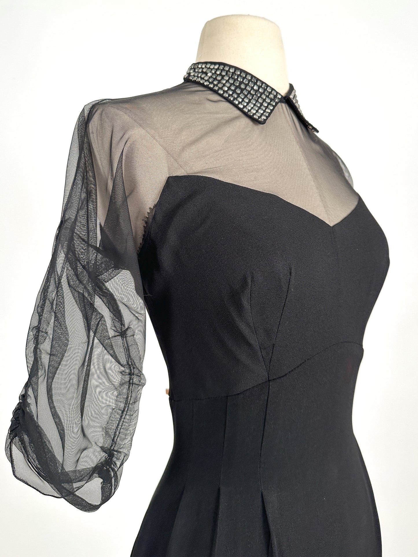 1940 – 50s Ultra Vampy LBD with Sheer Neckline / Waist 28