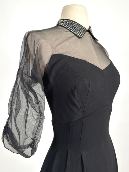 1940 – 50s Ultra Vampy LBD with Sheer Neckline / Waist 28