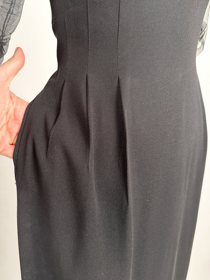 1940 – 50s Ultra Vampy LBD with Sheer Neckline / Waist 28