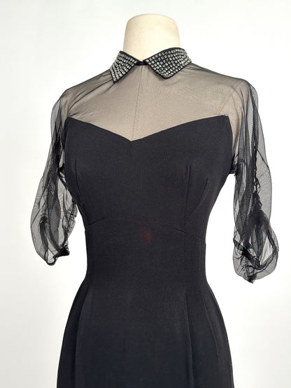 1940 – 50s Ultra Vampy LBD with Sheer Neckline / Waist 28