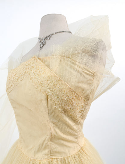1950s Sunshine Yellow Prom Dress / Waist 26
