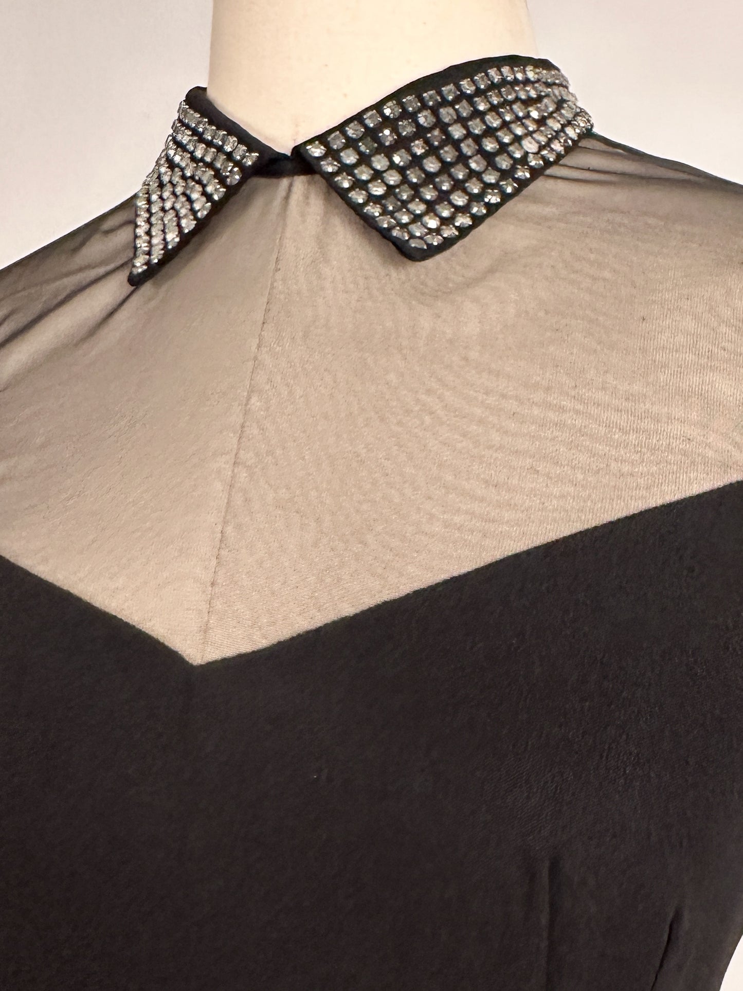 1940 – 50s Ultra Vampy LBD with Sheer Neckline / Waist 28