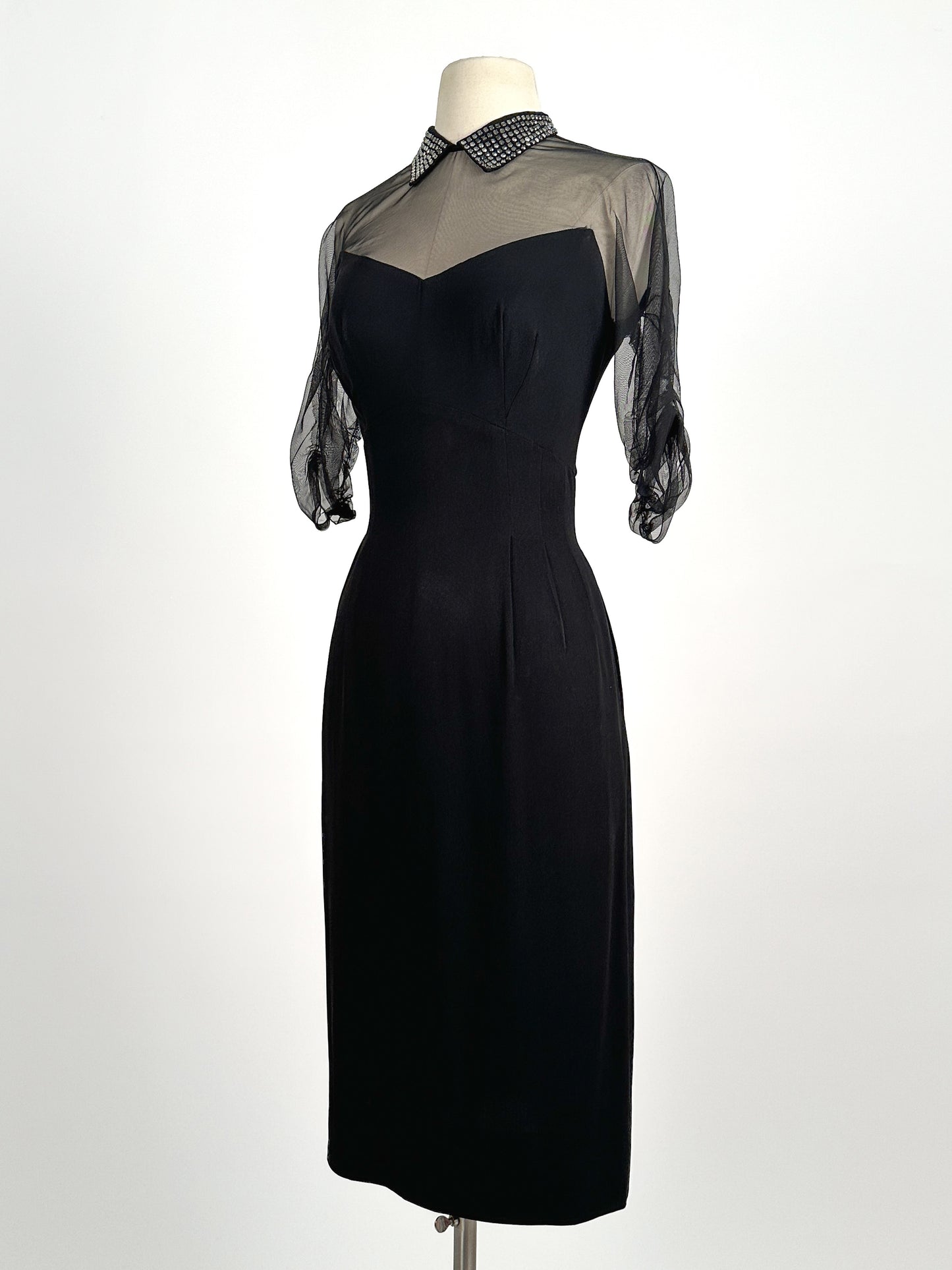1940 – 50s Ultra Vampy LBD with Sheer Neckline / Waist 28