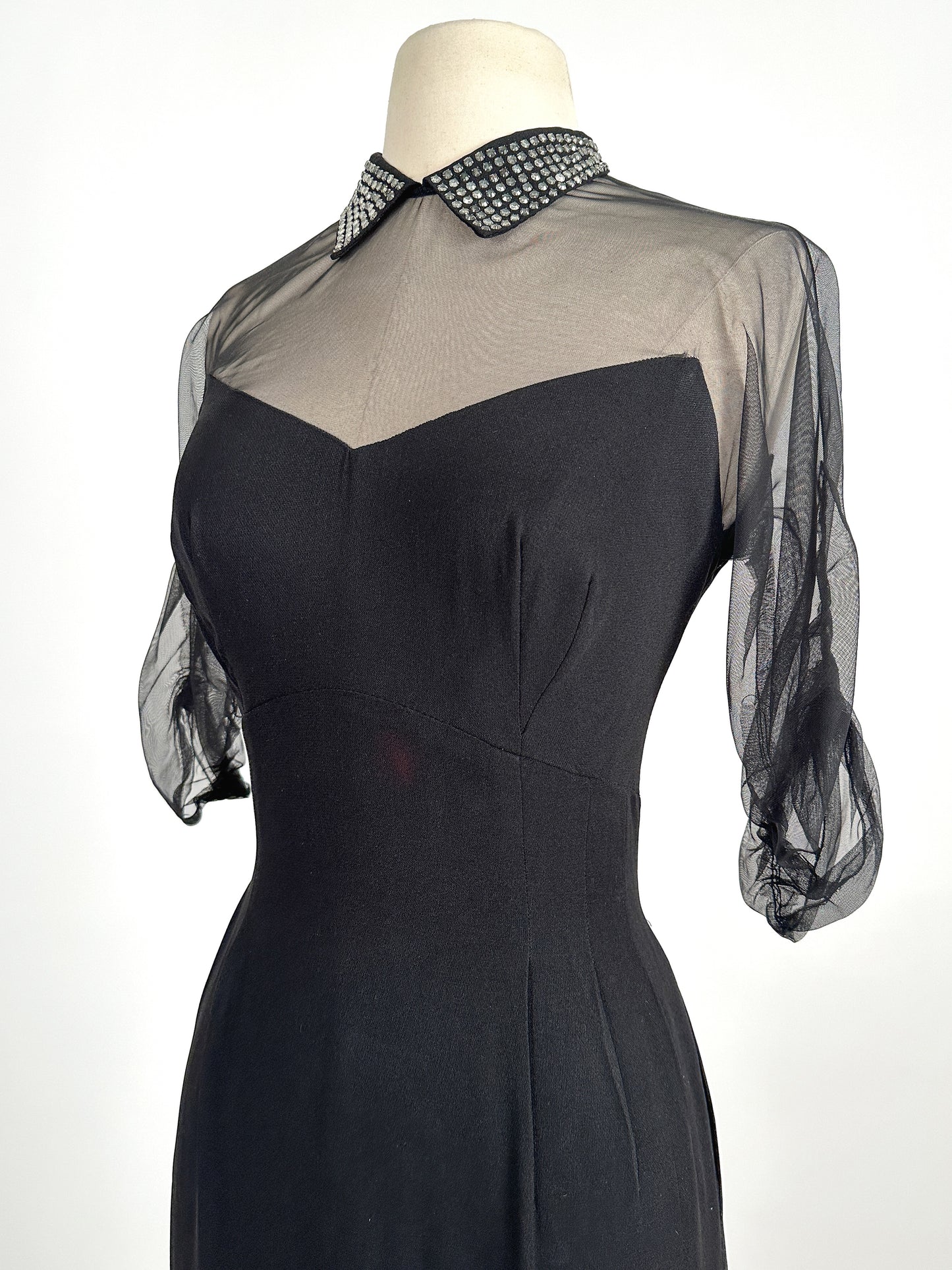1940 – 50s Ultra Vampy LBD with Sheer Neckline / Waist 28
