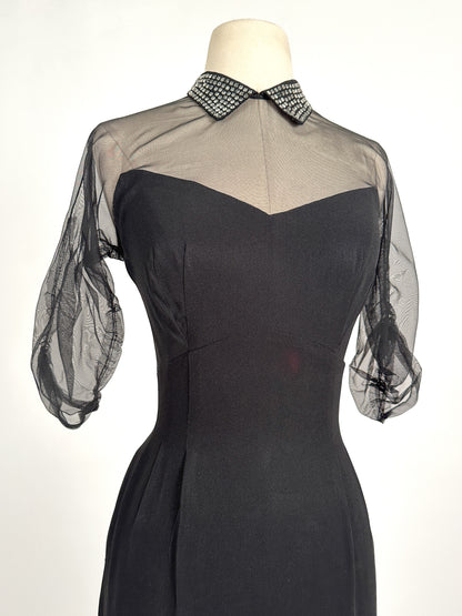 1940 – 50s Ultra Vampy LBD with Sheer Neckline / Waist 28