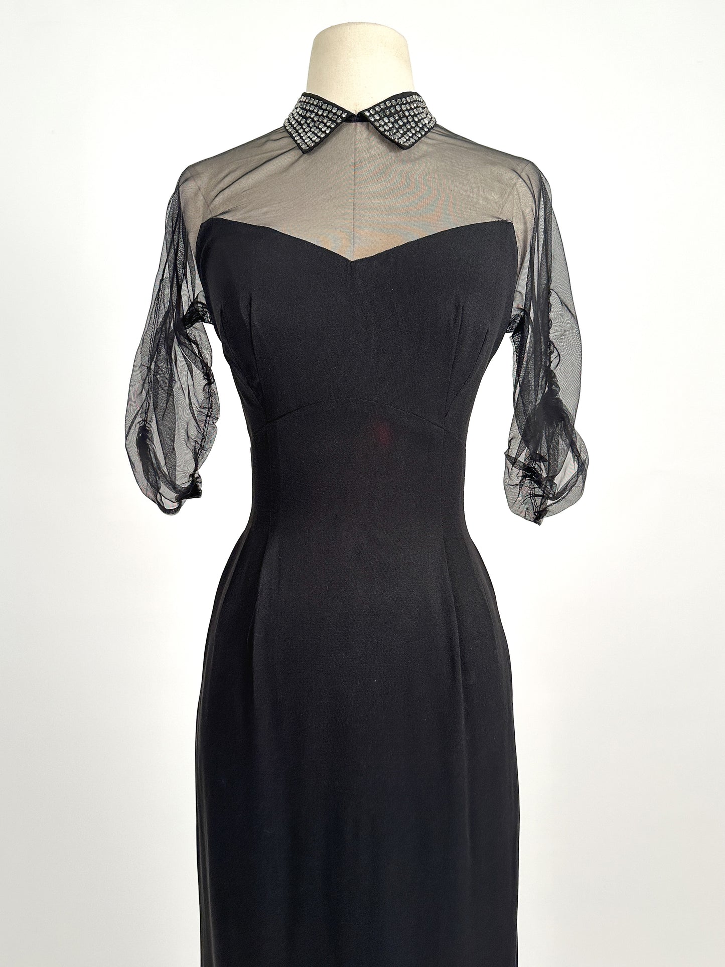 1940 – 50s Ultra Vampy LBD with Sheer Neckline / Waist 28