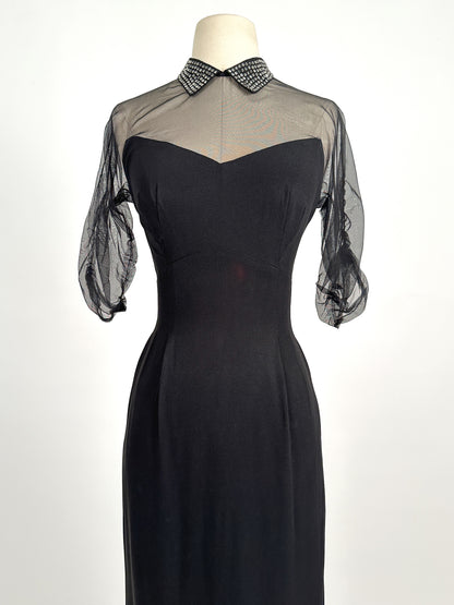 1940 – 50s Ultra Vampy LBD with Sheer Neckline / Waist 28