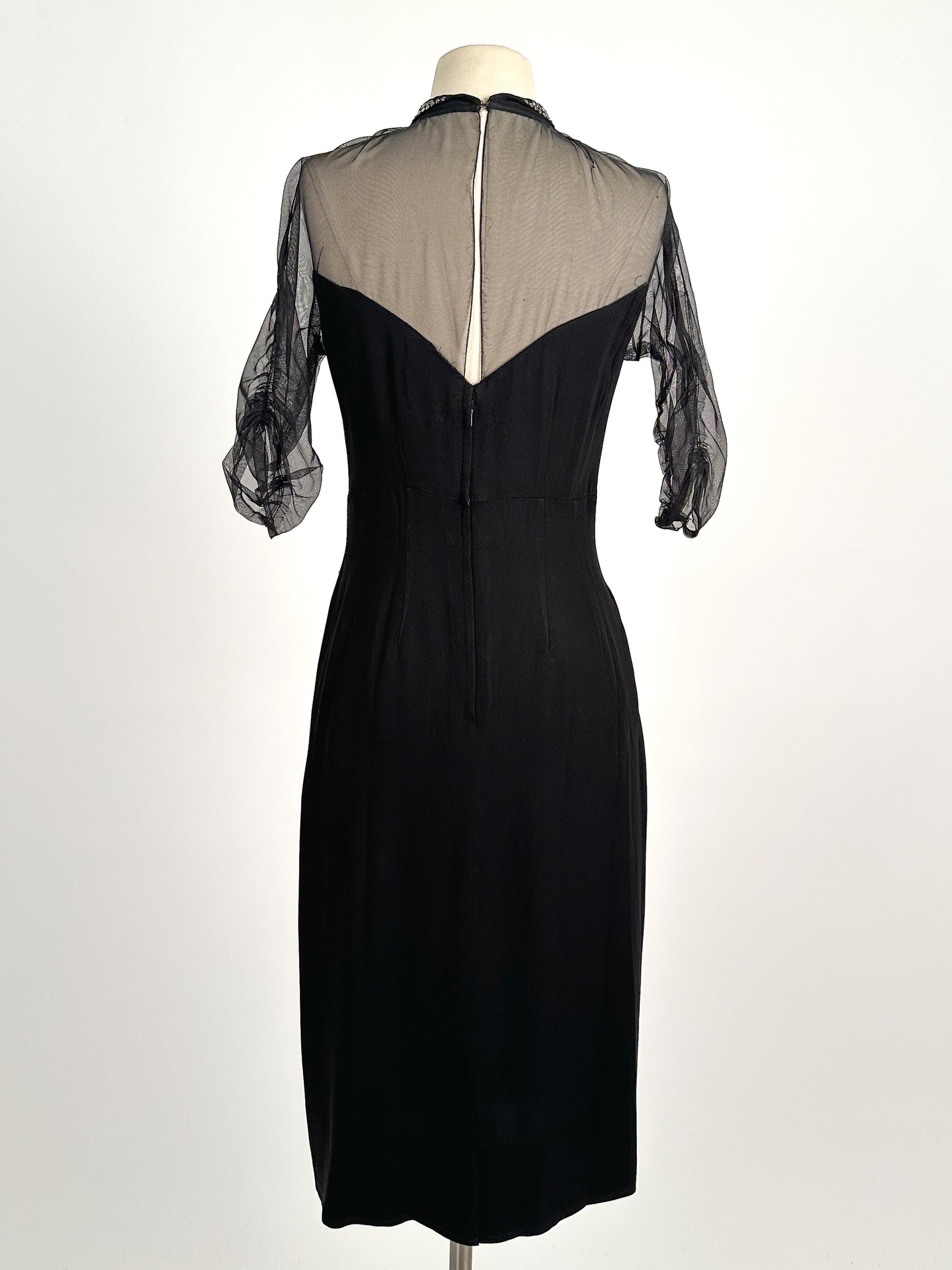 1940 – 50s Ultra Vampy LBD with Sheer Neckline / Waist 28