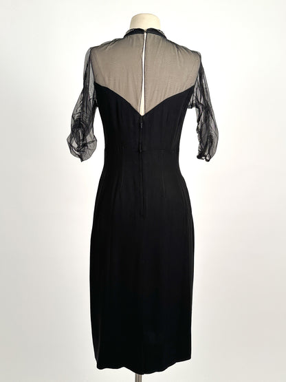 1940 – 50s Ultra Vampy LBD with Sheer Neckline / Waist 28