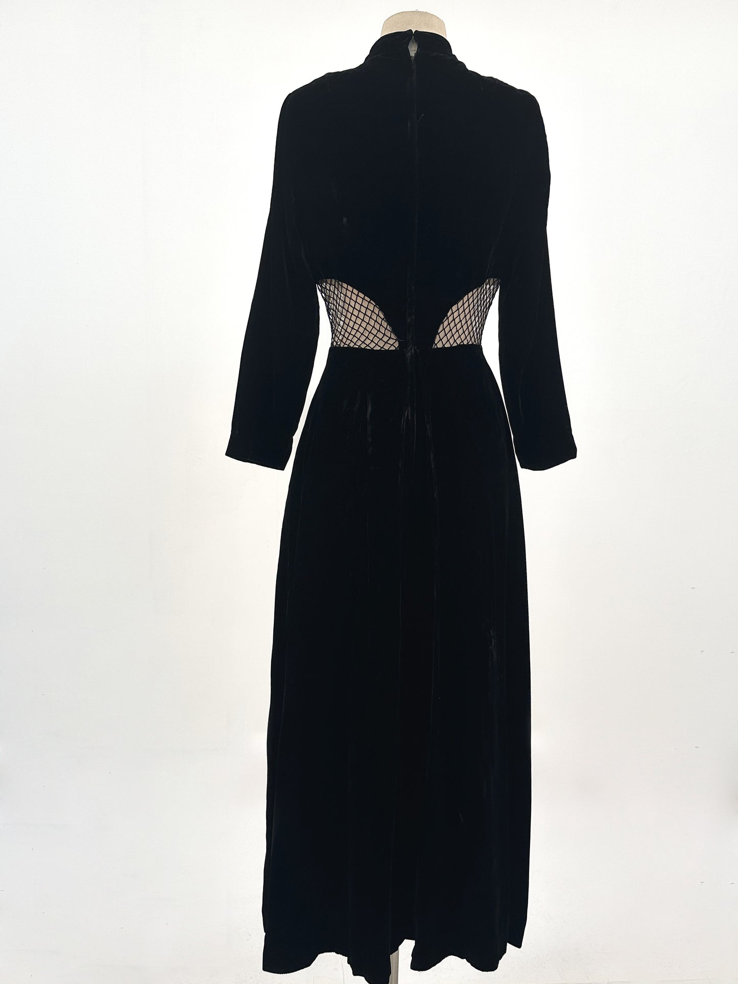 1960s Vampy Black Velvet Wide Leg Jumpsuit with Sheer Cutouts / Waist 26
