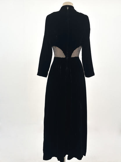 1960s Vampy Black Velvet Wide Leg Jumpsuit with Sheer Cutouts / Waist 26