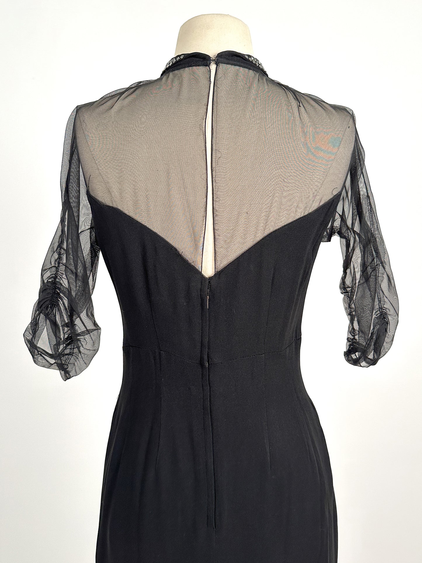 1940 – 50s Ultra Vampy LBD with Sheer Neckline / Waist 28