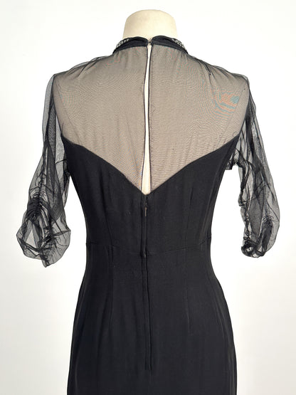 1940 – 50s Ultra Vampy LBD with Sheer Neckline / Waist 28
