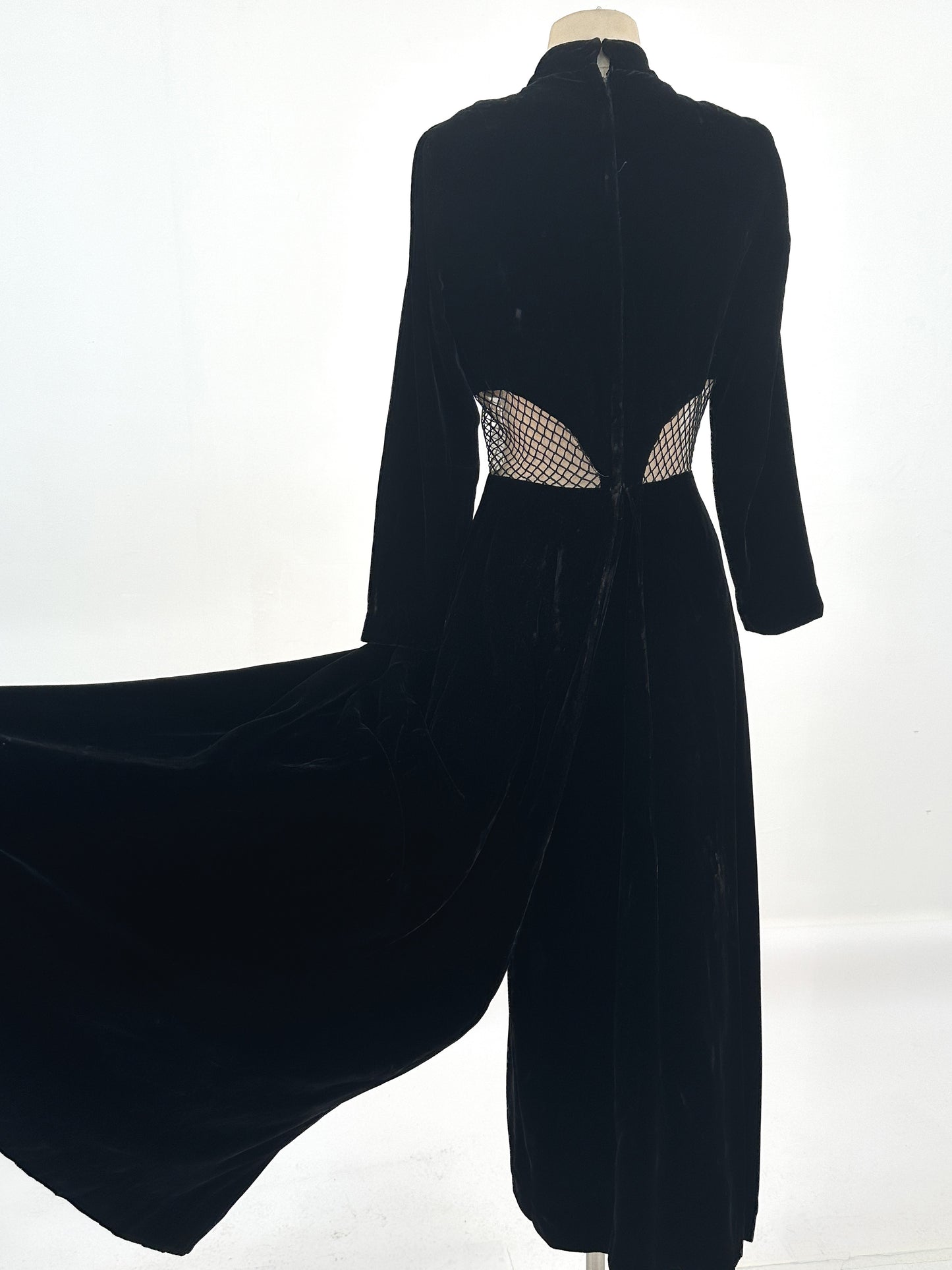 1960s Vampy Black Velvet Wide Leg Jumpsuit with Sheer Cutouts / Waist 26