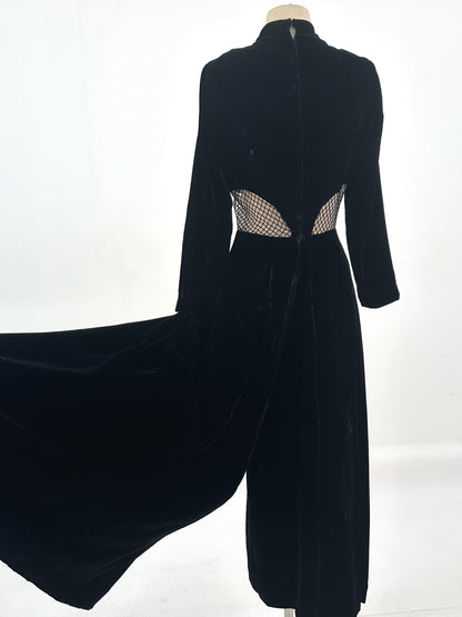 1960s Vampy Black Velvet Wide Leg Jumpsuit with Sheer Cutouts / Waist 26