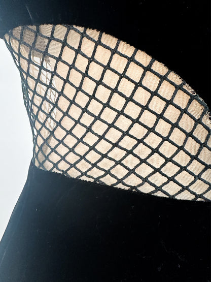 1960s Vampy Black Velvet Wide Leg Jumpsuit with Sheer Cutouts / Waist 26