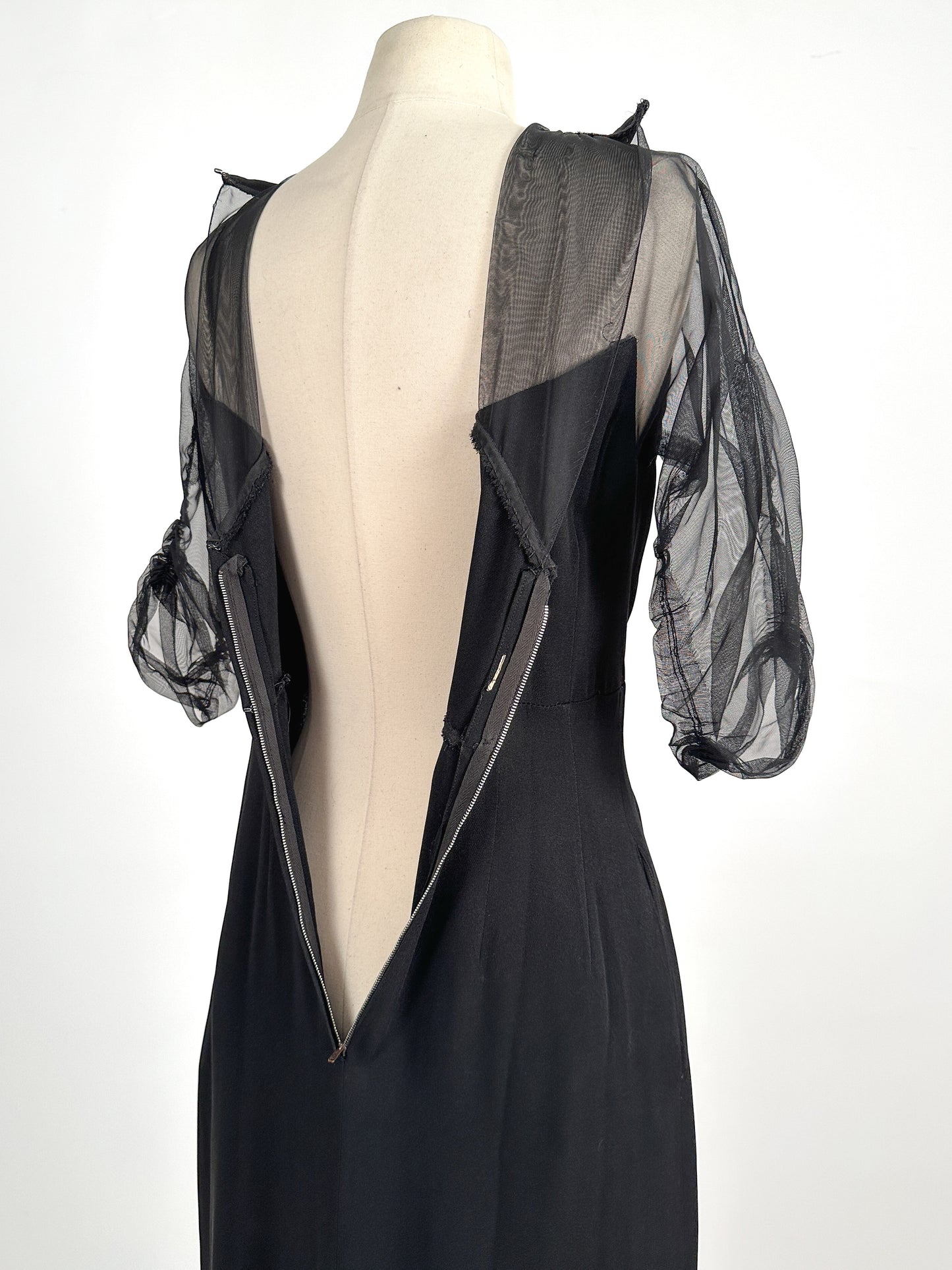 1940 – 50s Ultra Vampy LBD with Sheer Neckline / Waist 28