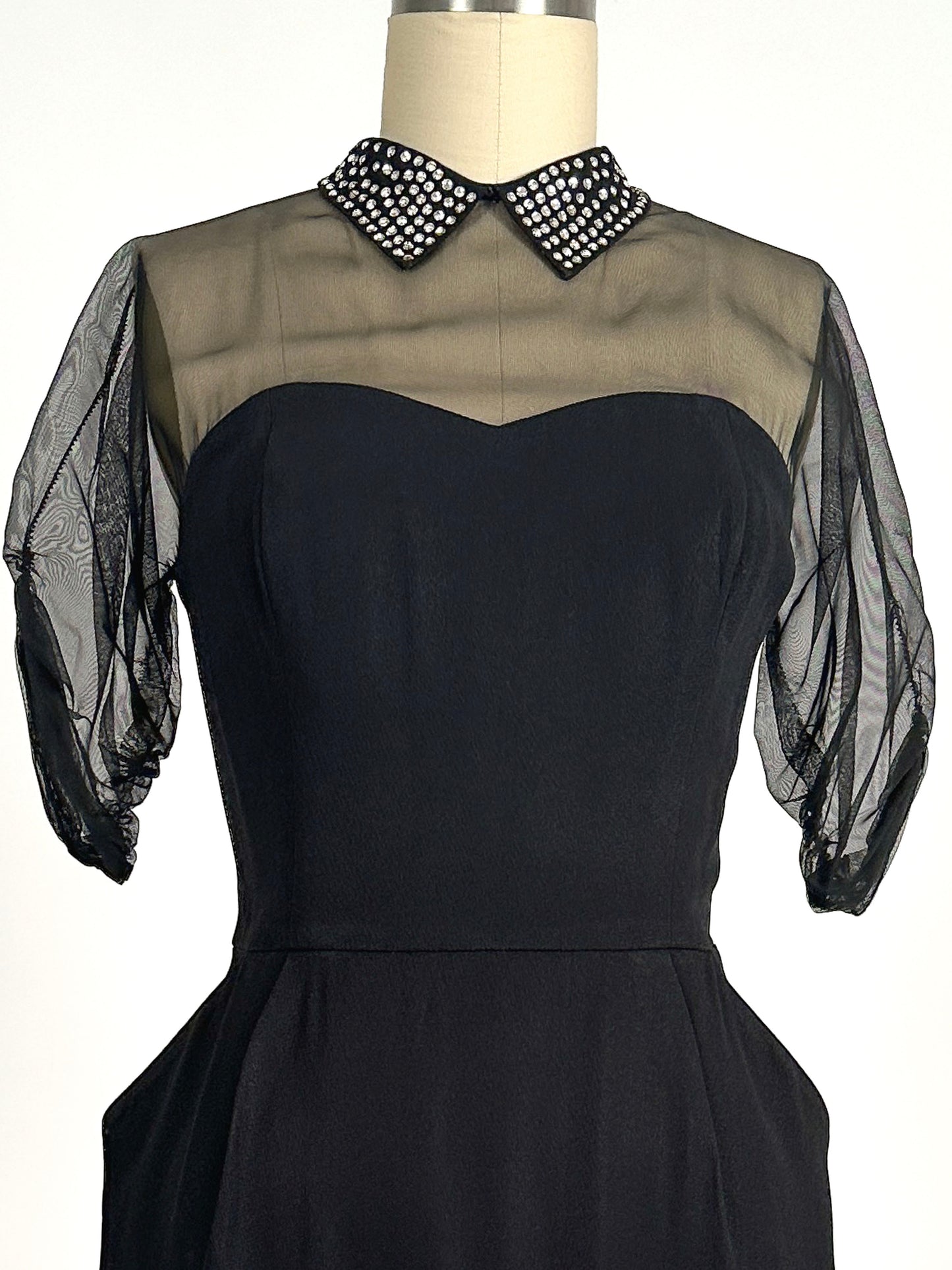 1940s LBD with Sheer Neckline by Peggy Hunt / Waist 28