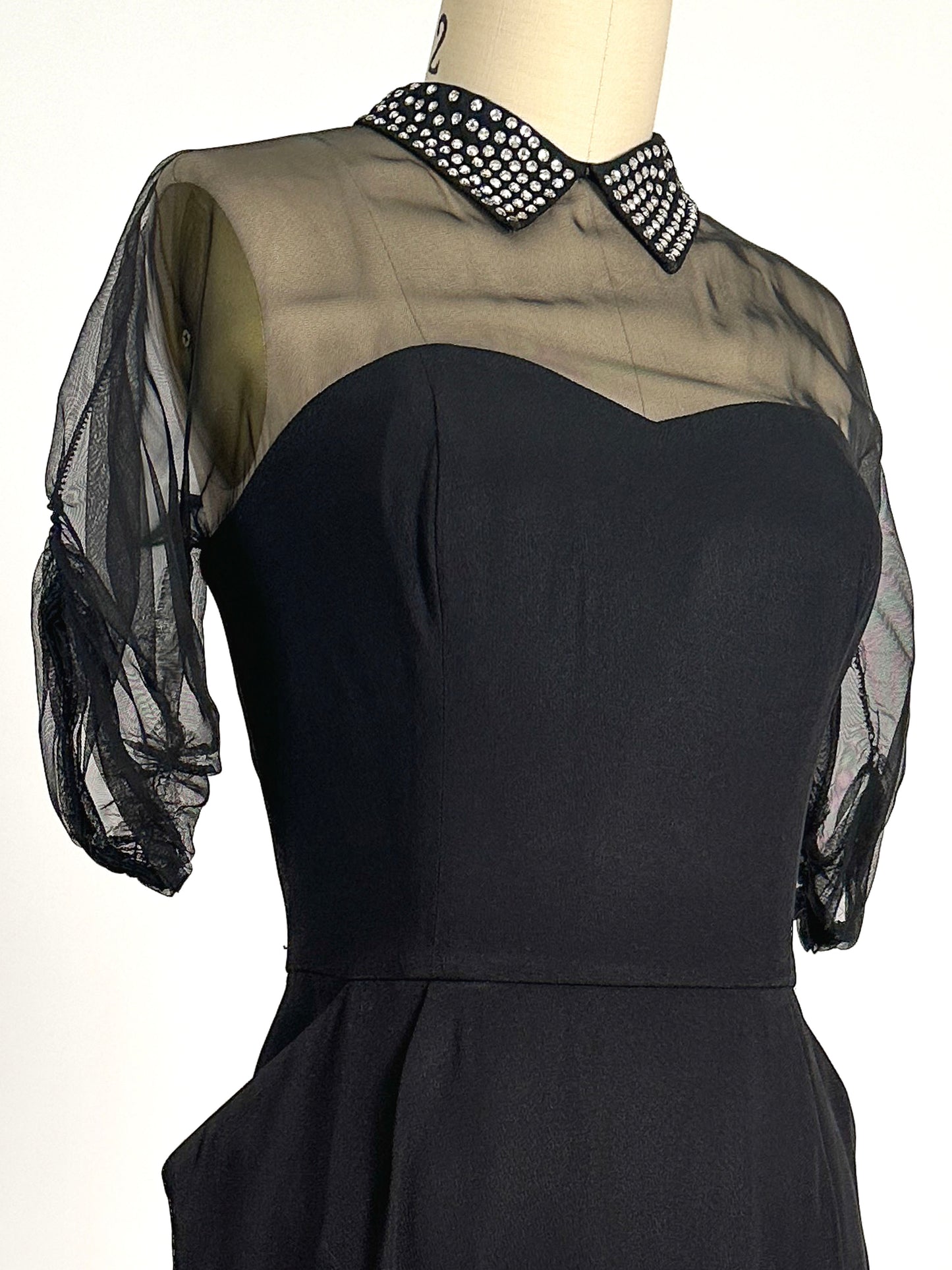 1940s LBD with Sheer Neckline by Peggy Hunt / Waist 28