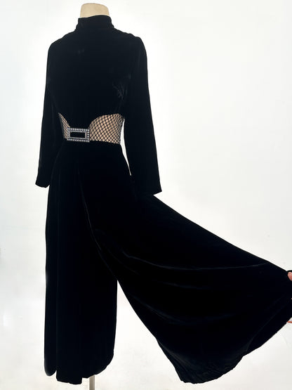 1960s Vampy Black Velvet Wide Leg Jumpsuit with Sheer Cutouts / Waist 26
