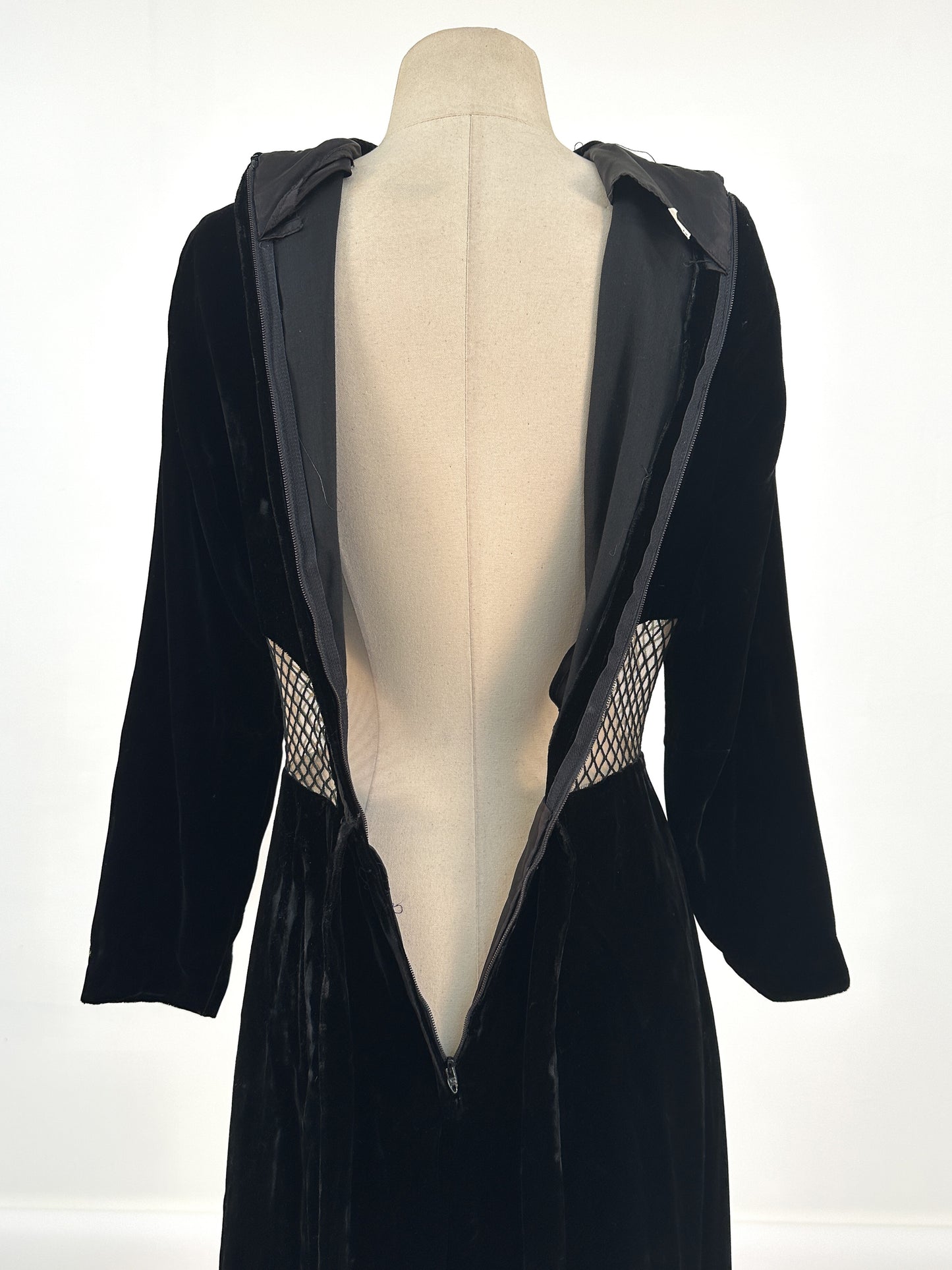 1960s Vampy Black Velvet Wide Leg Jumpsuit with Sheer Cutouts / Waist 26