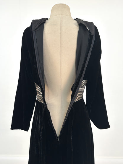 1960s Vampy Black Velvet Wide Leg Jumpsuit with Sheer Cutouts / Waist 26