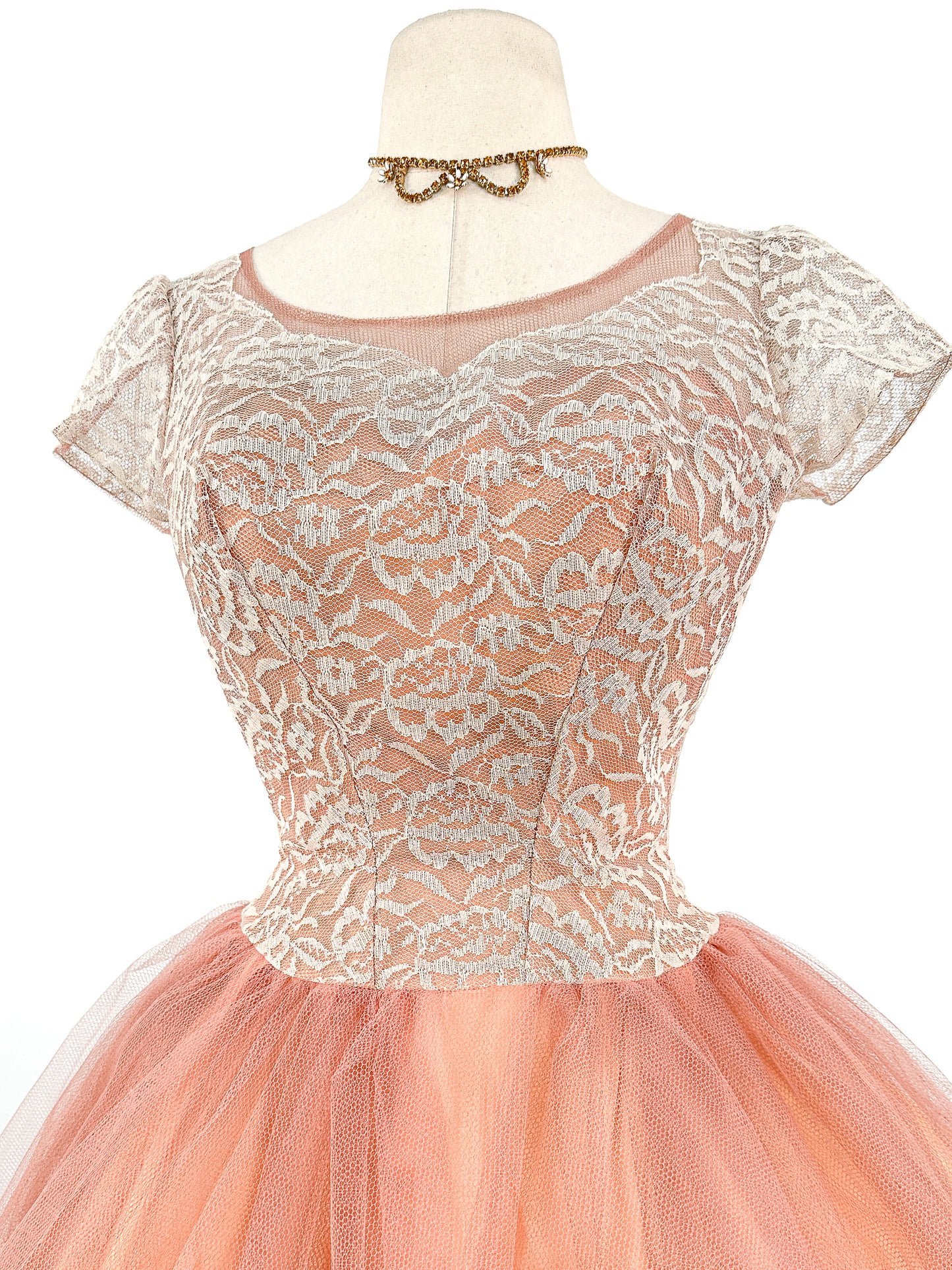 1950s Mocha Tulle and Lace Party Dress/ Waist 26