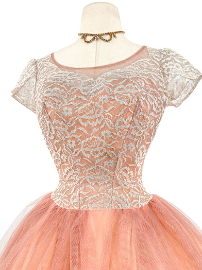 1950s Mocha Tulle and Lace Party Dress/ Waist 26