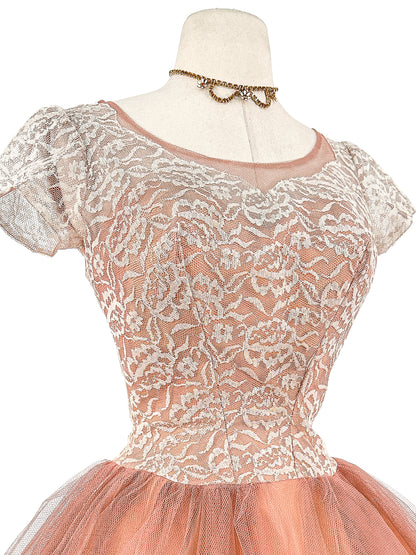 1950s Mocha Tulle and Lace Party Dress/ Waist 26