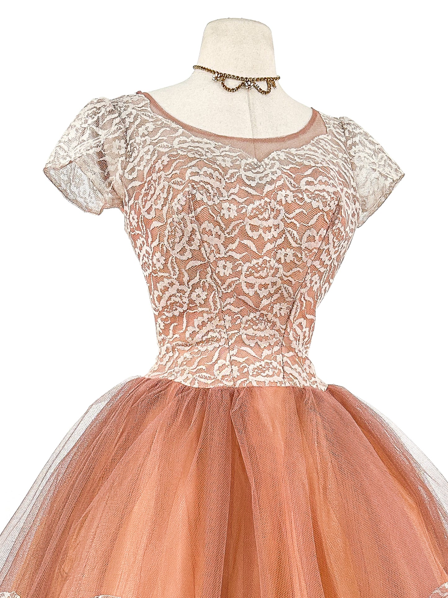 1950s Mocha Tulle and Lace Party Dress/ Waist 26