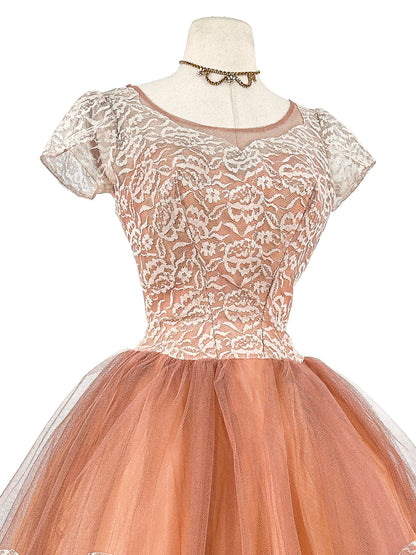 1950s Mocha Tulle and Lace Party Dress/ Waist 26