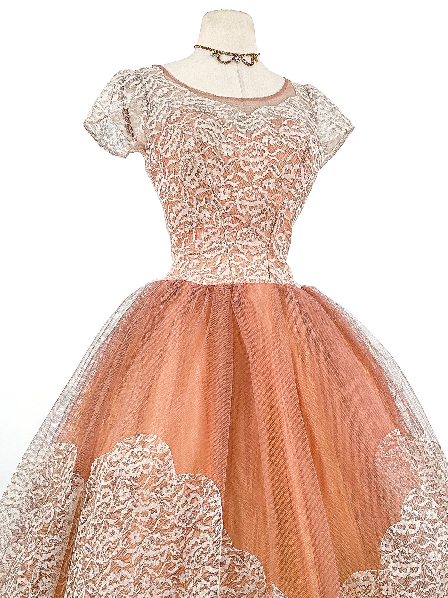 1950s Mocha Tulle and Lace Party Dress/ Waist 26