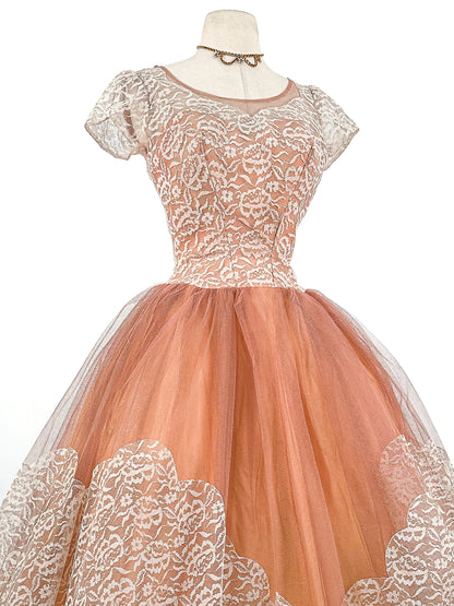 1950s Mocha Tulle and Lace Party Dress/ Waist 26
