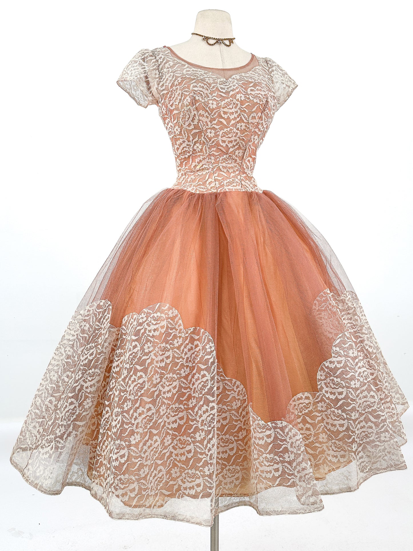 1950s Mocha Tulle and Lace Party Dress/ Waist 26