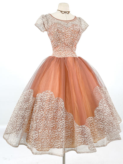 1950s Mocha Tulle and Lace Party Dress/ Waist 26
