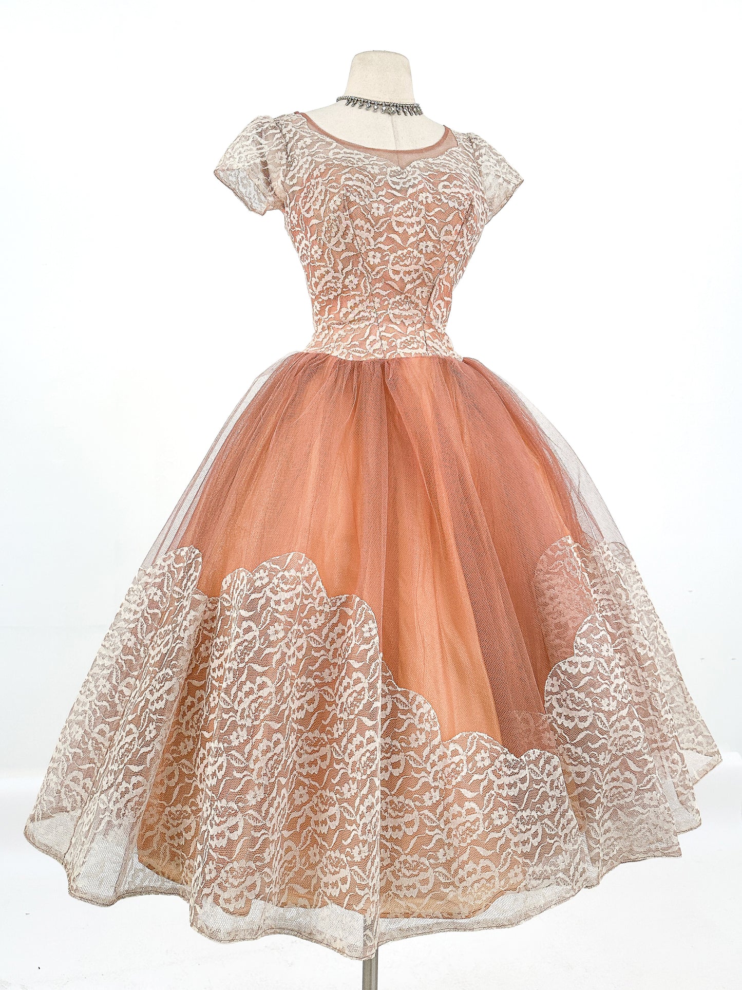1950s Mocha Tulle and Lace Party Dress/ Waist 26