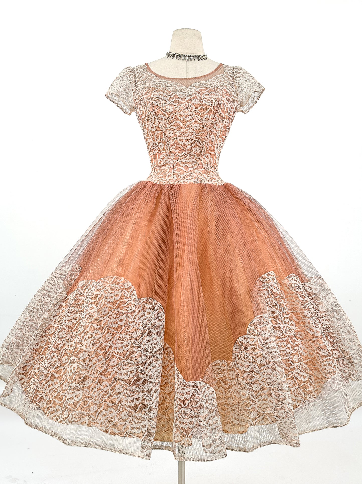 1950s Mocha Tulle and Lace Party Dress/ Waist 26