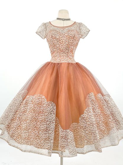 1950s Mocha Tulle and Lace Party Dress/ Waist 26