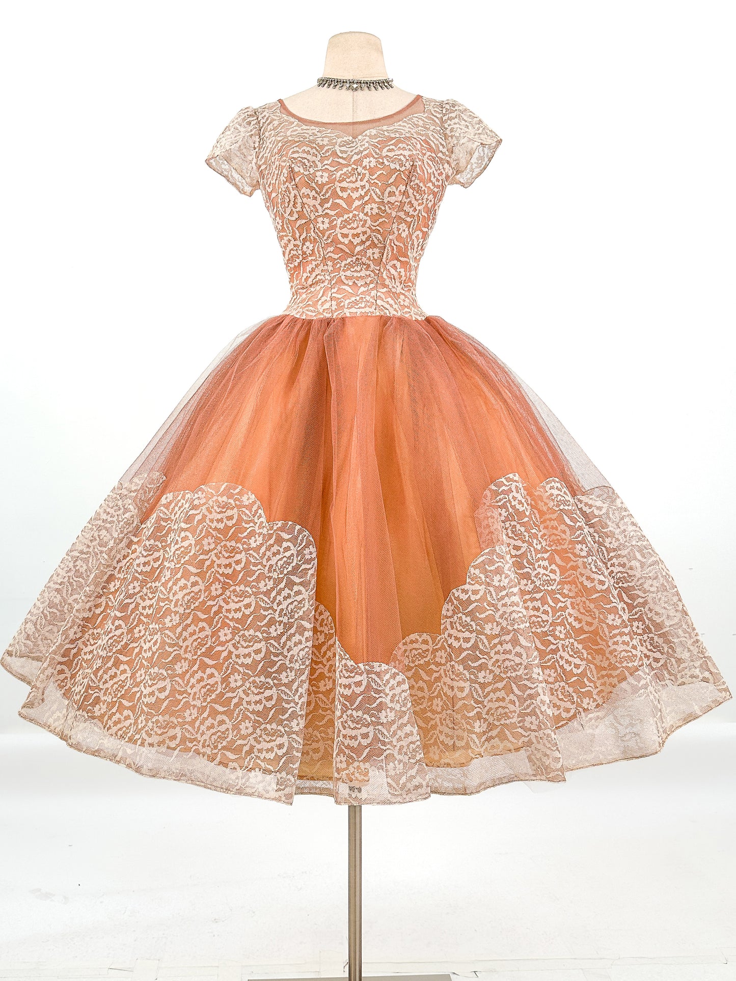 1950s Mocha Tulle and Lace Party Dress/ Waist 26