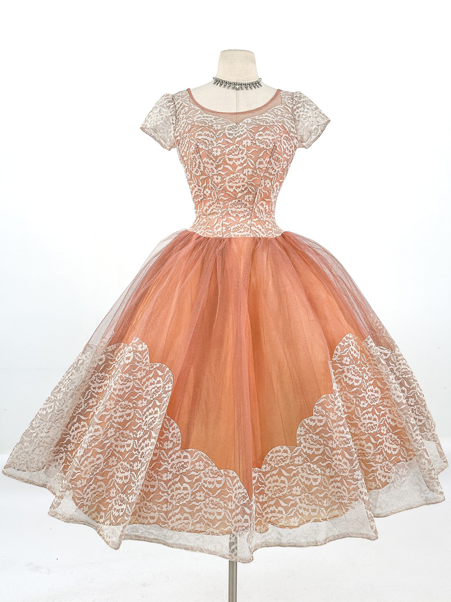 1950s Mocha Tulle and Lace Party Dress/ Waist 26