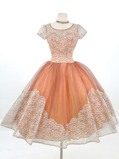 1950s Mocha Tulle and Lace Party Dress/ Waist 26