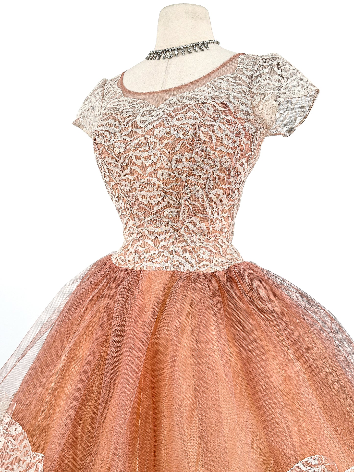 1950s Mocha Tulle and Lace Party Dress/ Waist 26