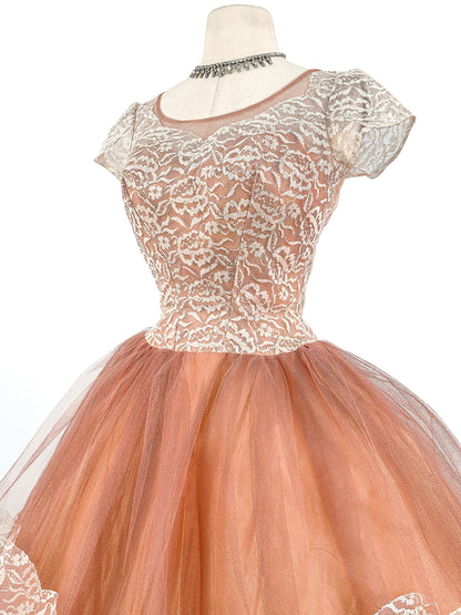 1950s Mocha Tulle and Lace Party Dress/ Waist 26