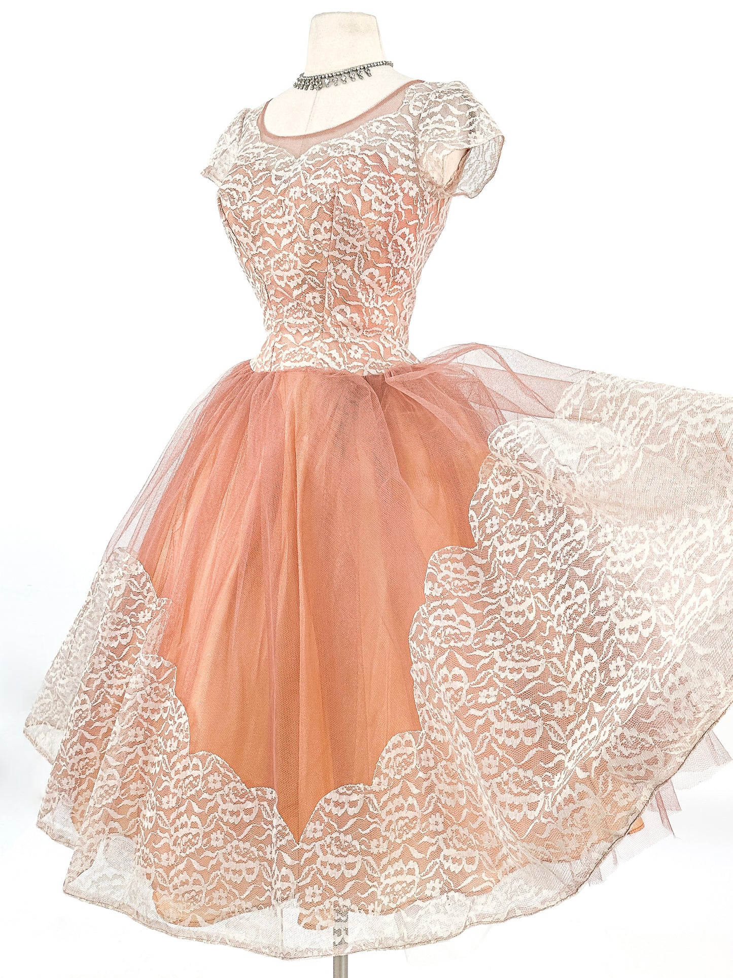 1950s Mocha Tulle and Lace Party Dress/ Waist 26